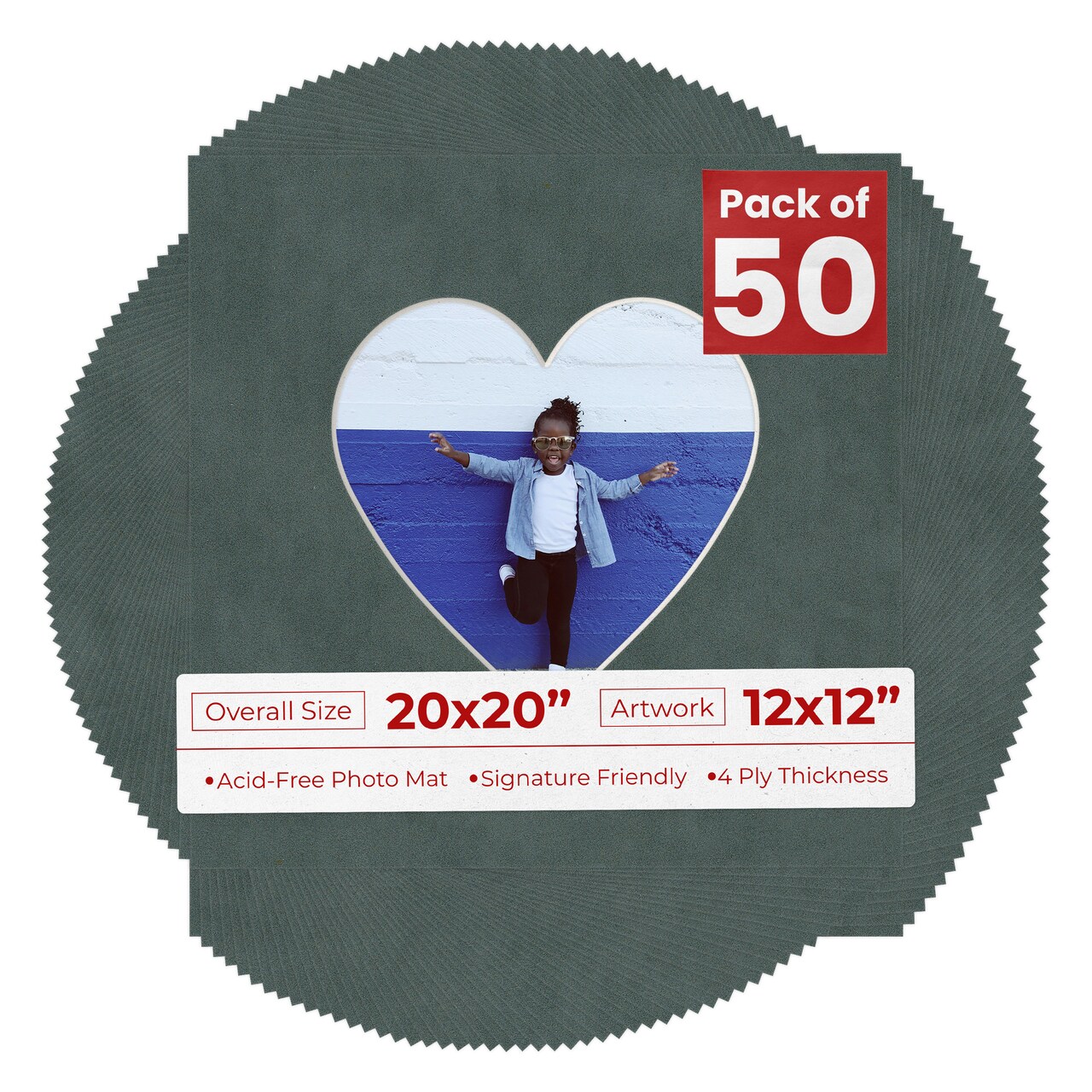 Dark Grey Suede Mat Board for 20x20 Frames - Heart Opening for 12x12 Photos